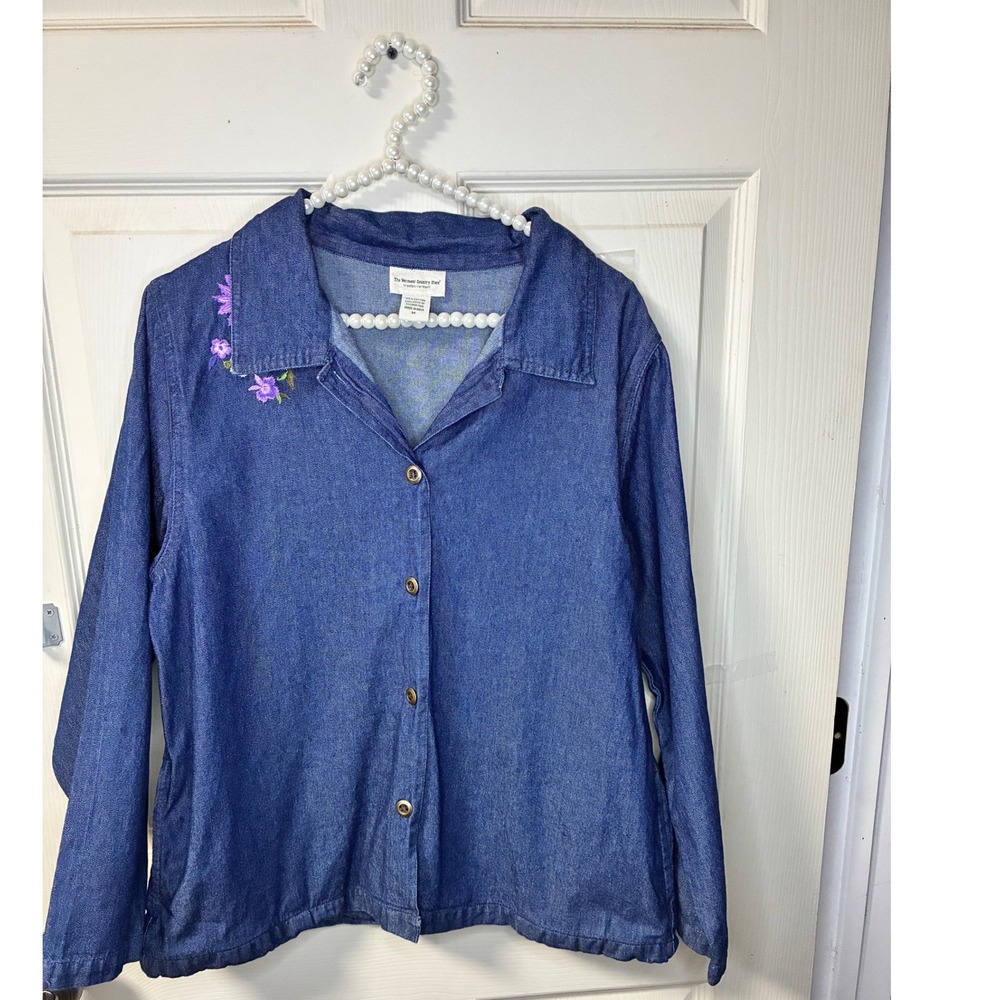 Vermont Country Store Denim Shirt Womens M Blue Excellent Floral Embroidered